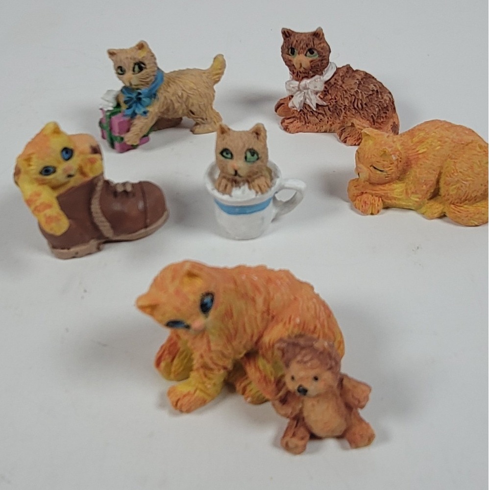 Vintage Miniature Cat Figurine Set Resin Kittens Teacup Boot Teddy Bear 6pc
